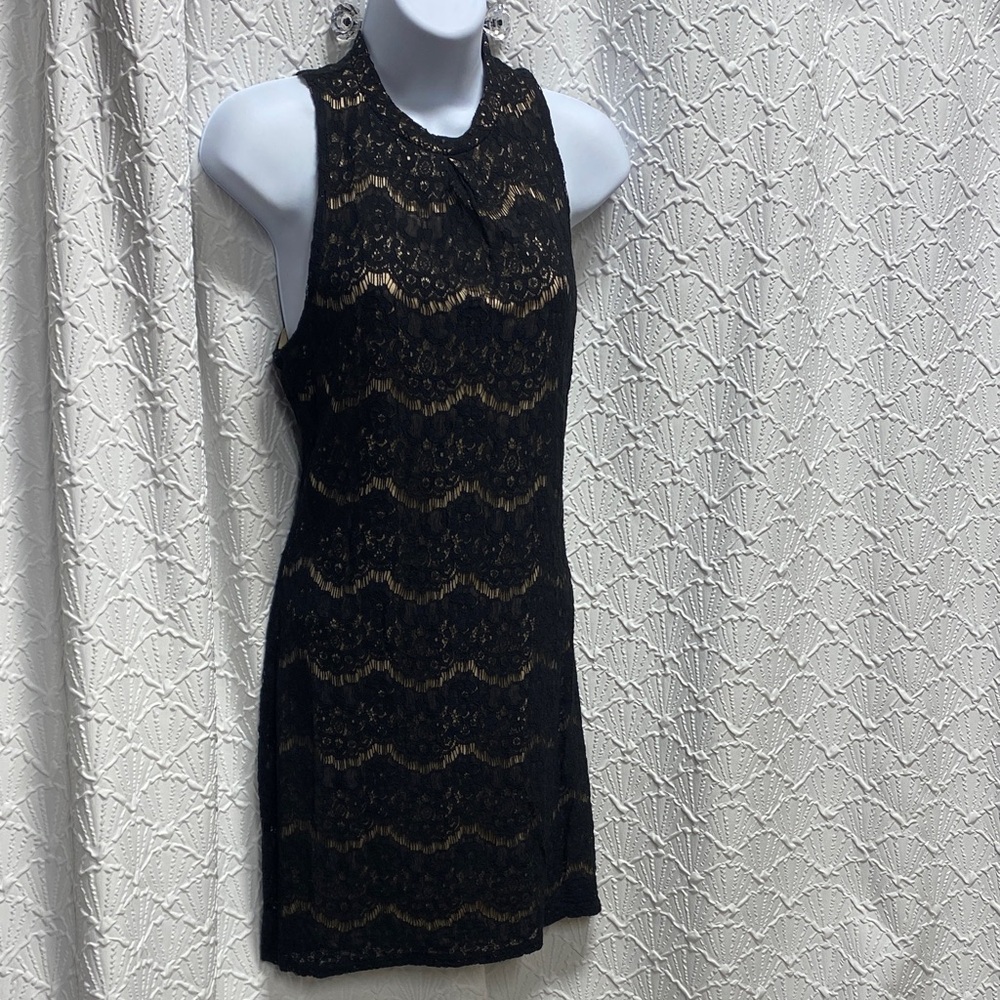 love, Fire size medium Black Lace Mini Dress nude‎ lined elegant dressy stretch